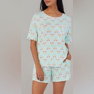 Disney 2 Piece Rainbow Mickey Print Summer Pajama Set in Aqua Mint Size Small